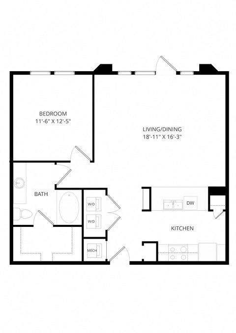 Floor plan for 1 bed, 1 bath, 898 sqft